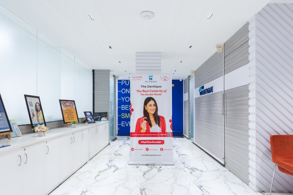 The Dentique clinic lobby and branding corridor